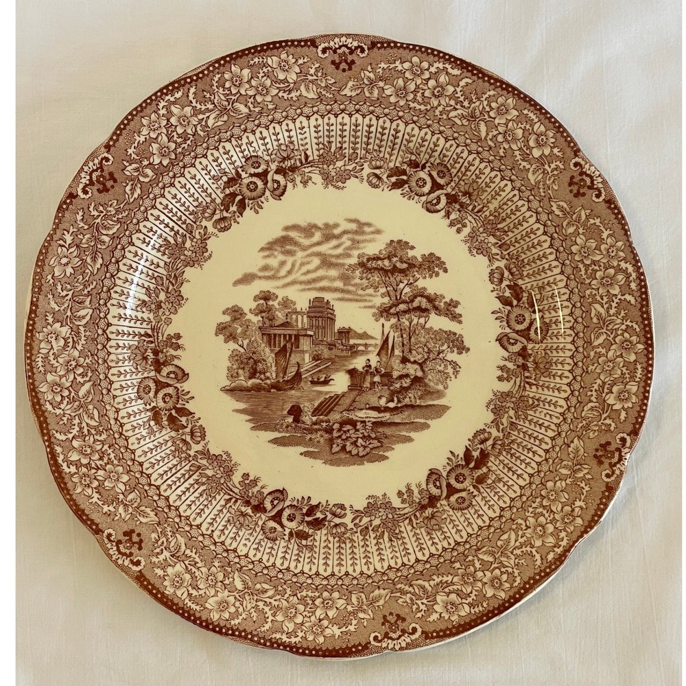 Ridgways England Grecian Brown Transferware Dinner Plate Scalloped Edge 9.75"